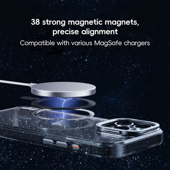 For iPhone 16 Plus Glitter Powder Lens Holder MagSafe Magnetic Phone Case(Transparent Black)