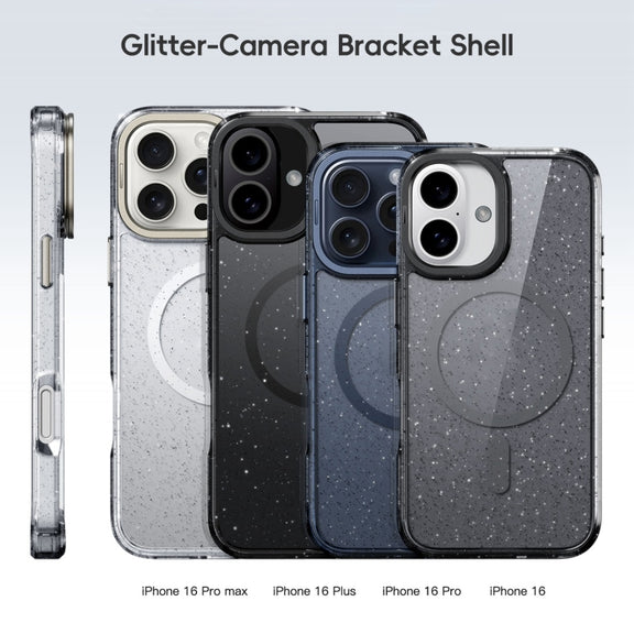 For iPhone 16 Glitter Powder Lens Holder MagSafe Magnetic Phone Case(Transparent Titanium Blue)