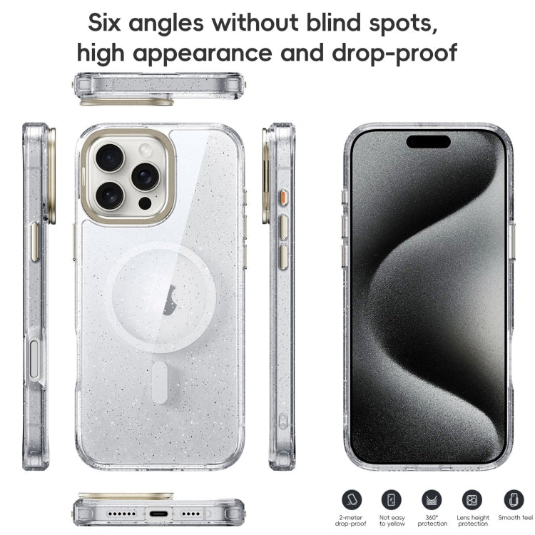 For iPhone 16 Pro Glitter Powder Lens Holder MagSafe Magnetic Phone Case(Transparent)