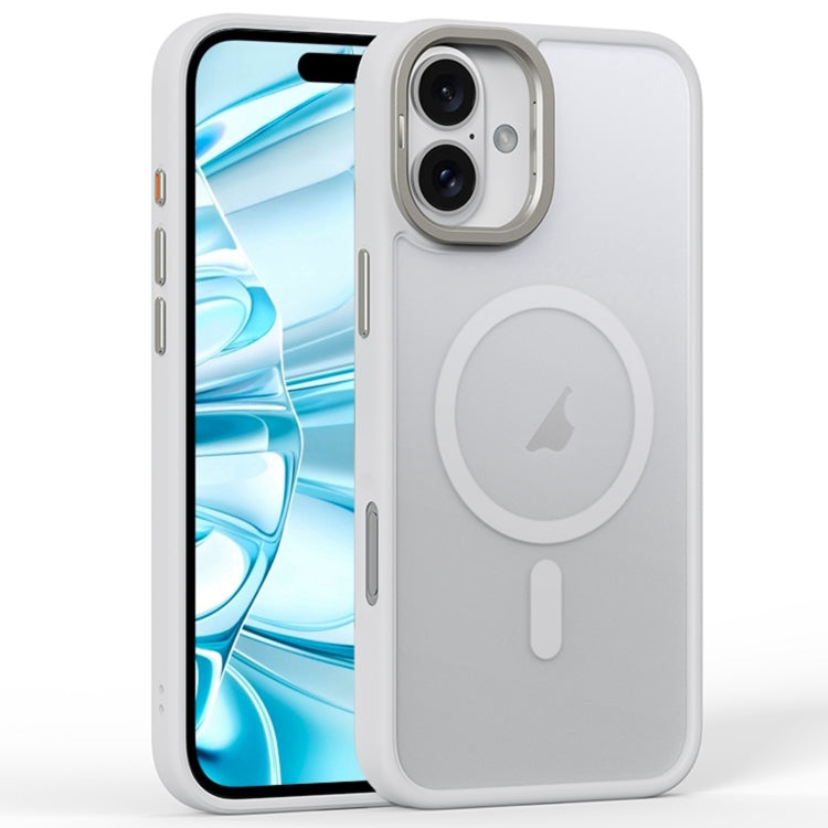 For iPhone 16 Plus Frosted Lens Holder MagSafe Magnetic Phone Case(White)
