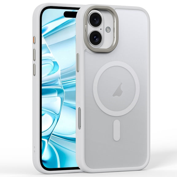 For iPhone 16 Plus Frosted Lens Holder MagSafe Magnetic Phone Case(White)