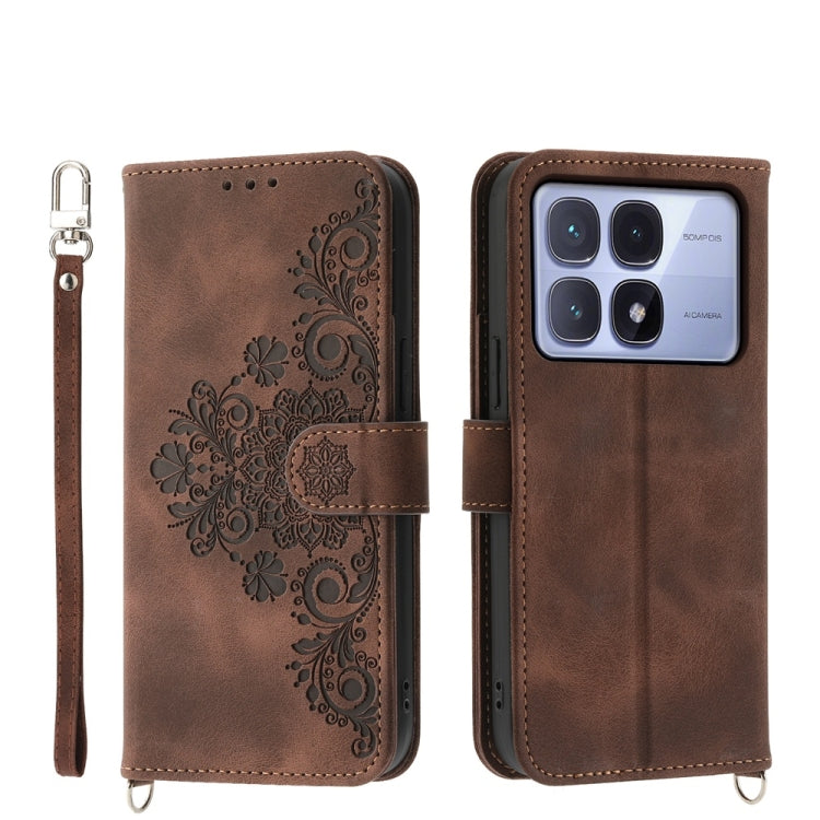 For Redmi K70 Ultra Skin Feel Flowers Embossed Wallet Leather Phone Case(Brown)