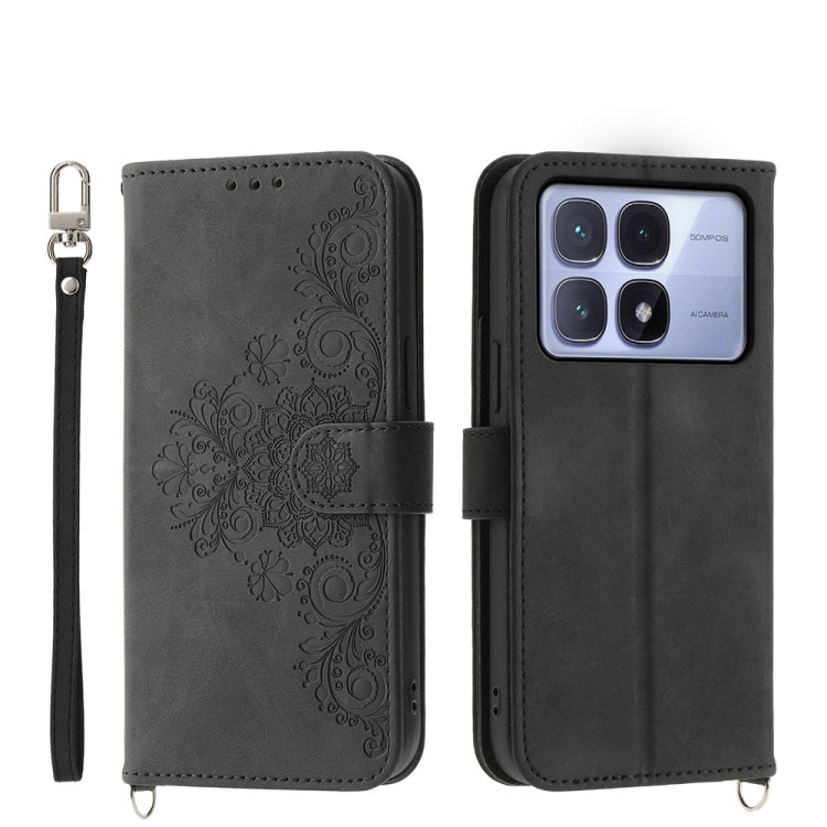 For Redmi K70 Ultra Skin Feel Flowers Embossed Wallet Leather Phone Case(Black)