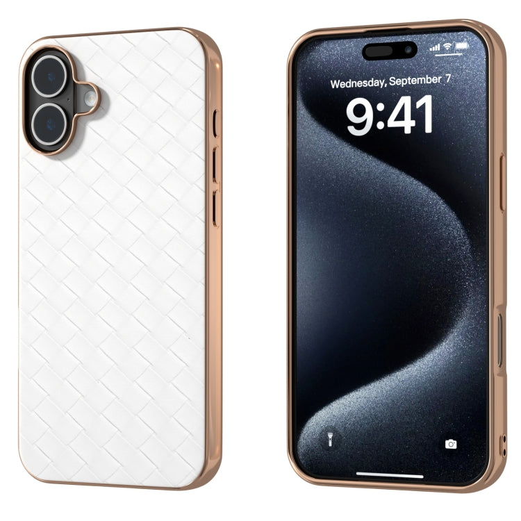 For iPhone 16 Electroplated Frame Woven Texture PU Phone Case(White)