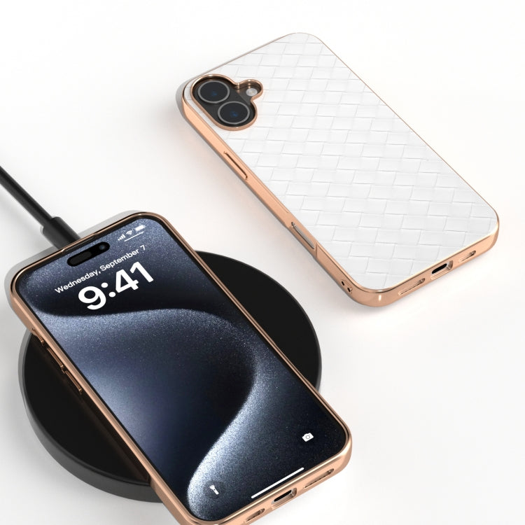 For iPhone 16 Electroplated Frame Woven Texture PU Phone Case(White)