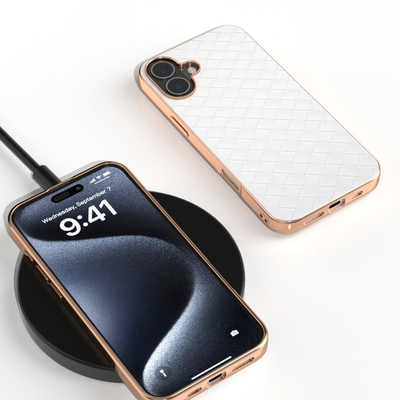 For iPhone 16 Electroplated Frame Woven Texture PU Phone Case(White)