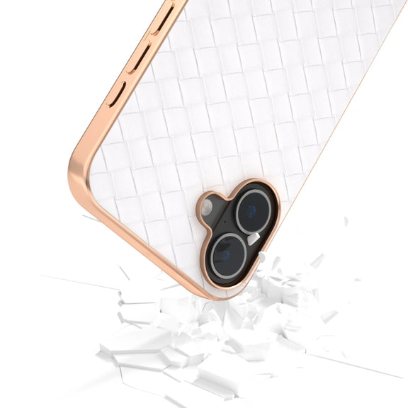 For iPhone 16 Electroplated Frame Woven Texture PU Phone Case(White)