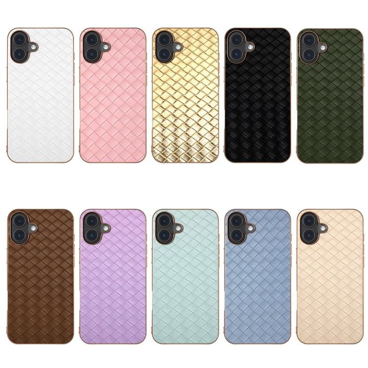 For iPhone 16 Electroplated Frame Woven Texture PU Phone Case(White)