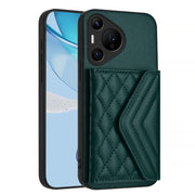 For Huawei Pura 70 Ultra Rhombic Texture Card Bag RFID Phone Case with Long Lanyard(Green)