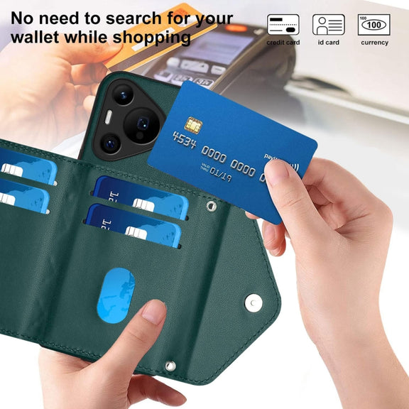 For Huawei Pura 70 Ultra Rhombic Texture Card Bag RFID Phone Case with Long Lanyard(Green)