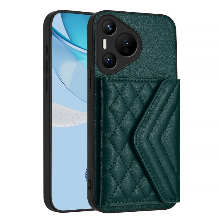For Huawei Pura 70 Rhombic Texture Card Bag RFID Phone Case with Long Lanyard(Green)