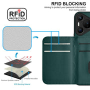 For Huawei Pura 70 Rhombic Texture Card Bag RFID Phone Case with Long Lanyard(Green)