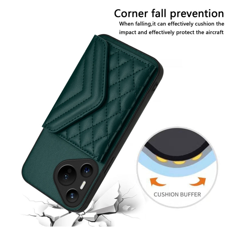 For Huawei Pura 70 Rhombic Texture Card Bag RFID Phone Case with Long Lanyard(Green)