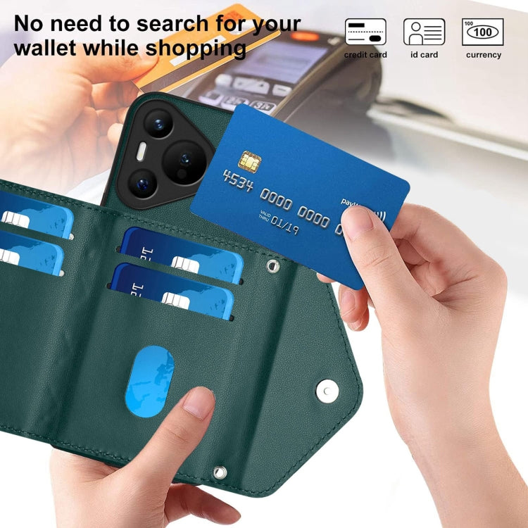 For Huawei Pura 70 Rhombic Texture Card Bag RFID Phone Case with Long Lanyard(Green)