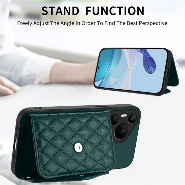 For Huawei Pura 70 Rhombic Texture Card Bag RFID Phone Case with Long Lanyard(Green)