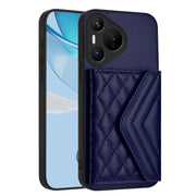 For Huawei Pura 70 Rhombic Texture Card Bag RFID Phone Case with Long Lanyard(Blue)
