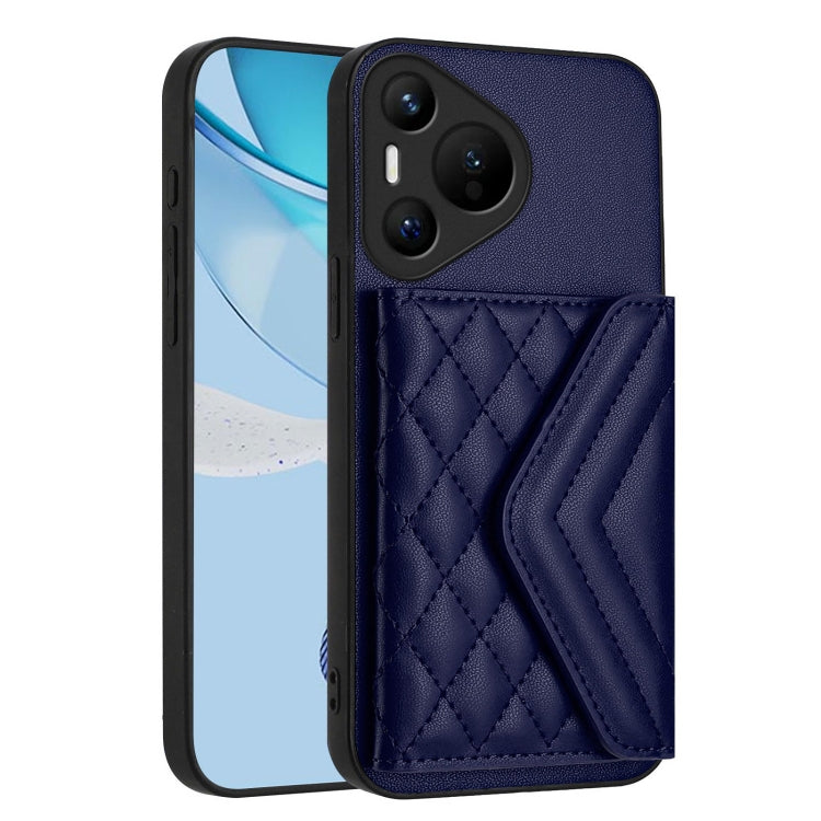 For Huawei Pura 70 Rhombic Texture Card Bag RFID Phone Case with Long Lanyard(Blue)