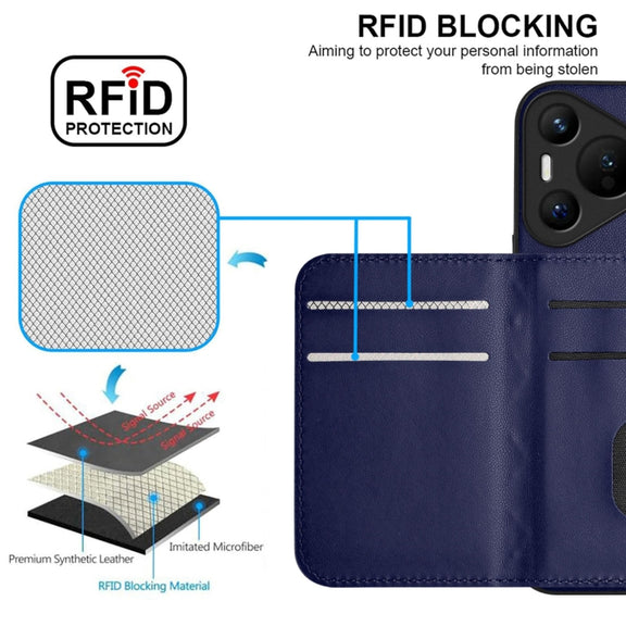 For Huawei Pura 70 Rhombic Texture Card Bag RFID Phone Case with Long Lanyard(Blue)