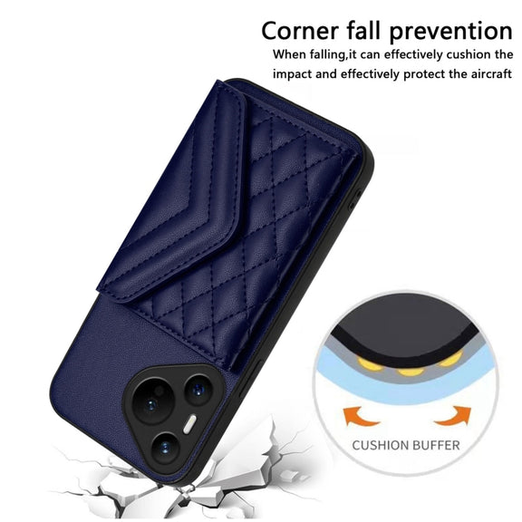 For Huawei Pura 70 Rhombic Texture Card Bag RFID Phone Case with Long Lanyard(Blue)