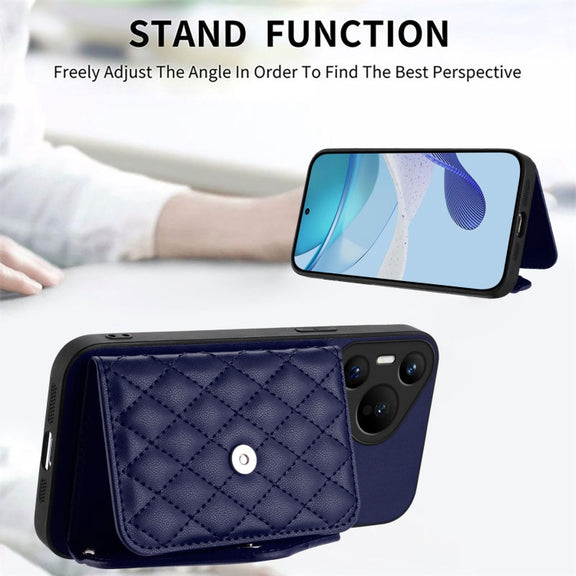 For Huawei Pura 70 Rhombic Texture Card Bag RFID Phone Case with Long Lanyard(Blue)