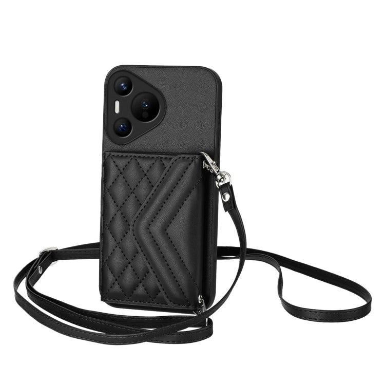 For Huawei Pura 70 Rhombic Texture Card Bag RFID Phone Case with Long Lanyard(Black)