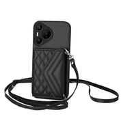 For Huawei Pura 70 Rhombic Texture Card Bag RFID Phone Case with Long Lanyard(Black)