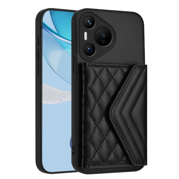 For Huawei Pura 70 Rhombic Texture Card Bag RFID Phone Case with Long Lanyard(Black)