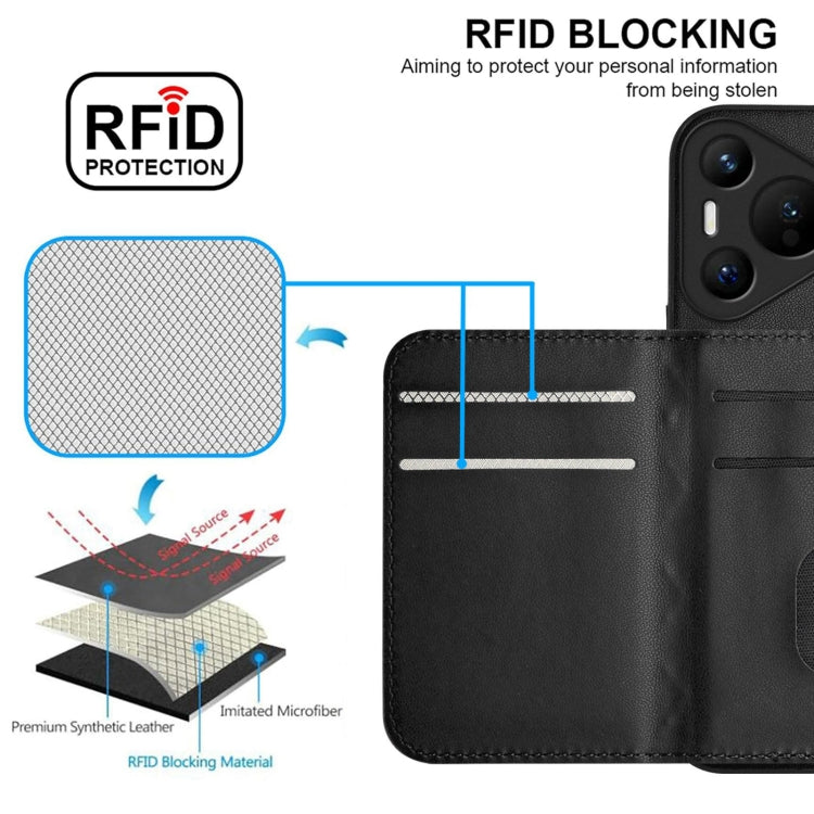 For Huawei Pura 70 Rhombic Texture Card Bag RFID Phone Case with Long Lanyard(Black)