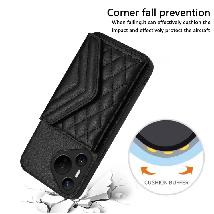 For Huawei Pura 70 Rhombic Texture Card Bag RFID Phone Case with Long Lanyard(Black)