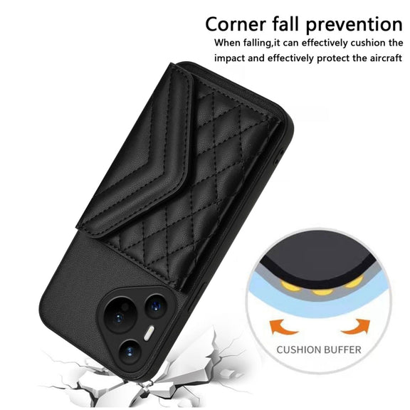 For Huawei Pura 70 Rhombic Texture Card Bag RFID Phone Case with Long Lanyard(Black)