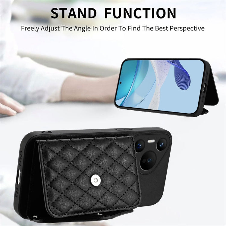 For Huawei Pura 70 Rhombic Texture Card Bag RFID Phone Case with Long Lanyard(Black)
