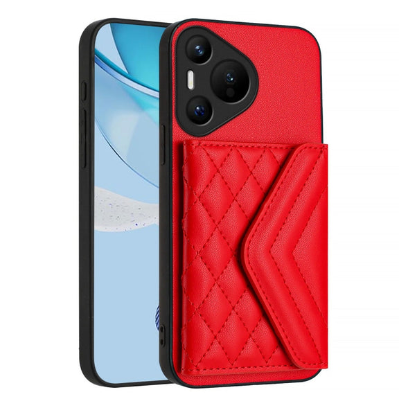 For Huawei Pura 70 Rhombic Texture Card Bag RFID Phone Case with Long Lanyard(Red)