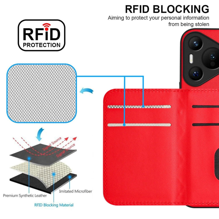 For Huawei Pura 70 Rhombic Texture Card Bag RFID Phone Case with Long Lanyard(Red)