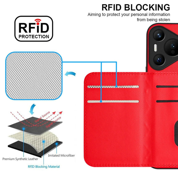For Huawei Pura 70 Rhombic Texture Card Bag RFID Phone Case with Long Lanyard(Red)
