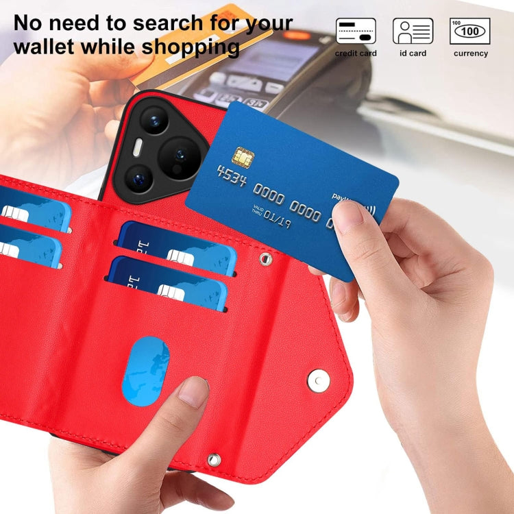 For Huawei Pura 70 Rhombic Texture Card Bag RFID Phone Case with Long Lanyard(Red)