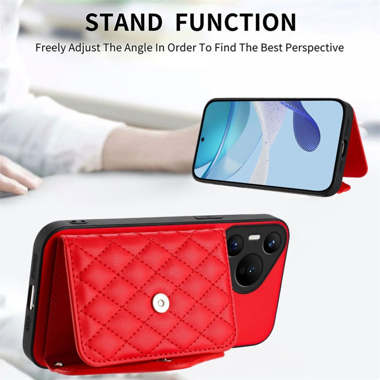 For Huawei Pura 70 Rhombic Texture Card Bag RFID Phone Case with Long Lanyard(Red)
