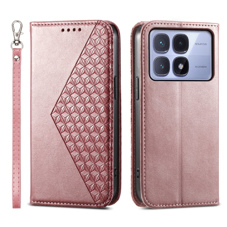 For Redmi K70 Ultra Cubic Grid Calf Texture Magnetic Leather Phone Case(Rose Gold)