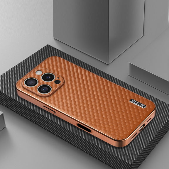 For iPhone 16 Pro AZNS Electroplated Edge Carbon Fiber Texture Phone Case(Brown)