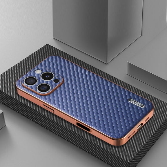 For iPhone 16 Pro AZNS Electroplated Edge Carbon Fiber Texture Phone Case(Blue)