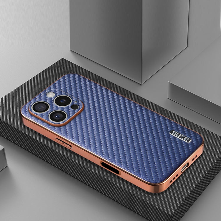 For iPhone 16 Pro AZNS Electroplated Edge Carbon Fiber Texture Phone Case(Blue)