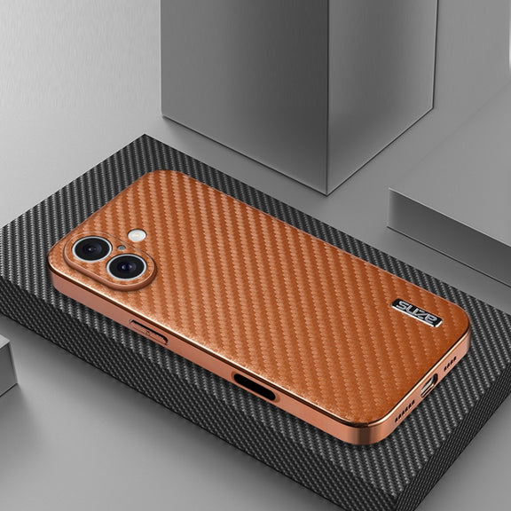 For iPhone 16 Plus AZNS Electroplated Edge Carbon Fiber Texture Phone Case(Brown)