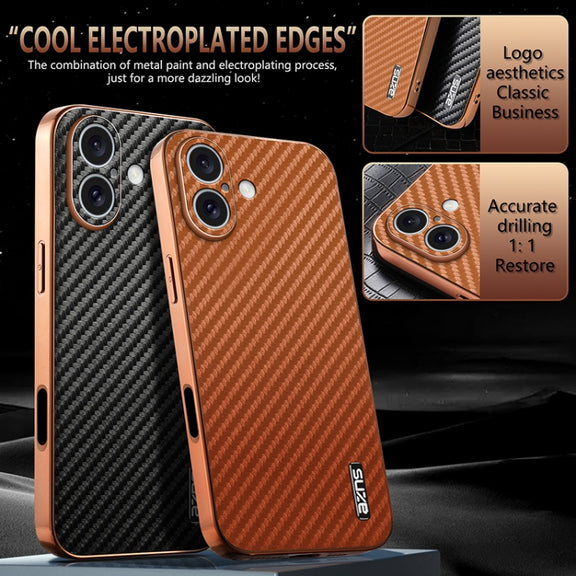 For iPhone 16 Plus AZNS Electroplated Edge Carbon Fiber Texture Phone Case(Brown)