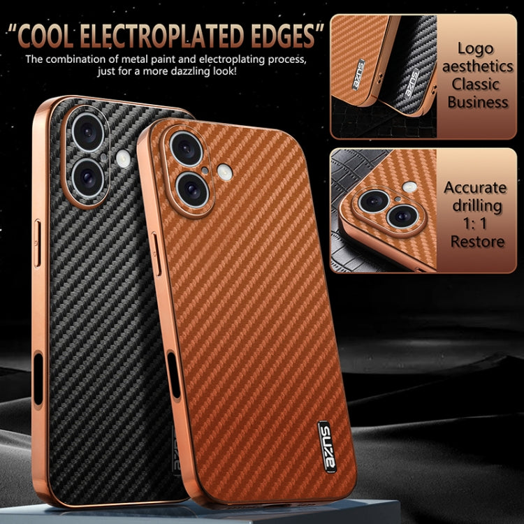 For iPhone 16 Plus AZNS Electroplated Edge Carbon Fiber Texture Phone Case(Brown)