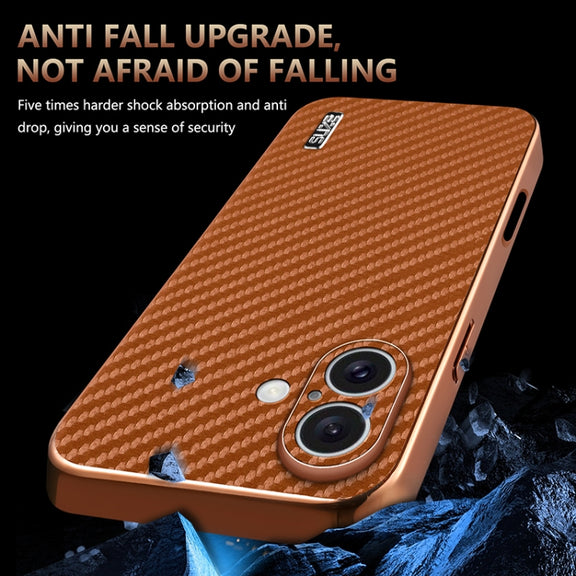 For iPhone 16 Plus AZNS Electroplated Edge Carbon Fiber Texture Phone Case(Brown)