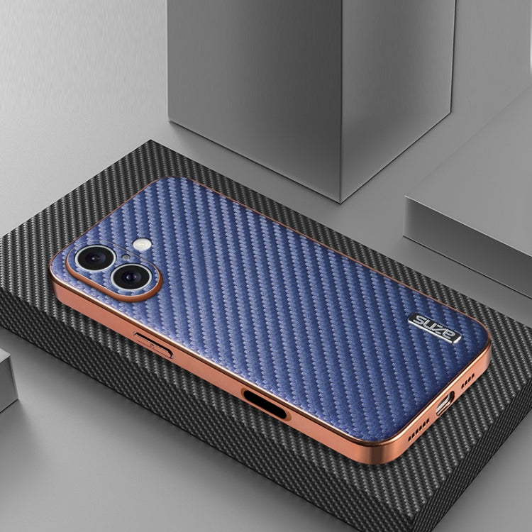 For iPhone 16 Plus AZNS Electroplated Edge Carbon Fiber Texture Phone Case(Blue)