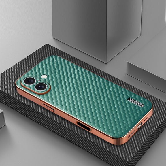 For iPhone 16 Plus AZNS Electroplated Edge Carbon Fiber Texture Phone Case(Green)