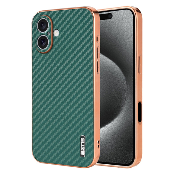 For iPhone 16 Plus AZNS Electroplated Edge Carbon Fiber Texture Phone Case(Green)