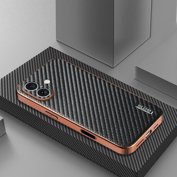 For iPhone 16 AZNS Electroplated Edge Carbon Fiber Texture Phone Case(Black)