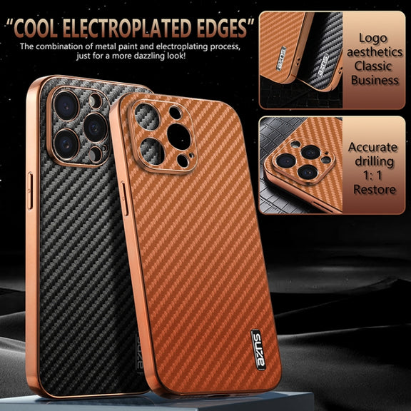 For iPhone 15 Pro Max AZNS Electroplated Edge Carbon Fiber Texture Phone Case(Green)