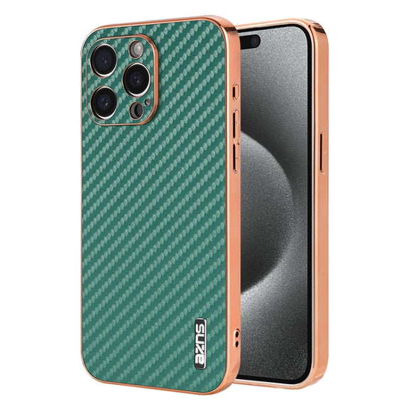 For iPhone 15 Pro Max AZNS Electroplated Edge Carbon Fiber Texture Phone Case(Green)